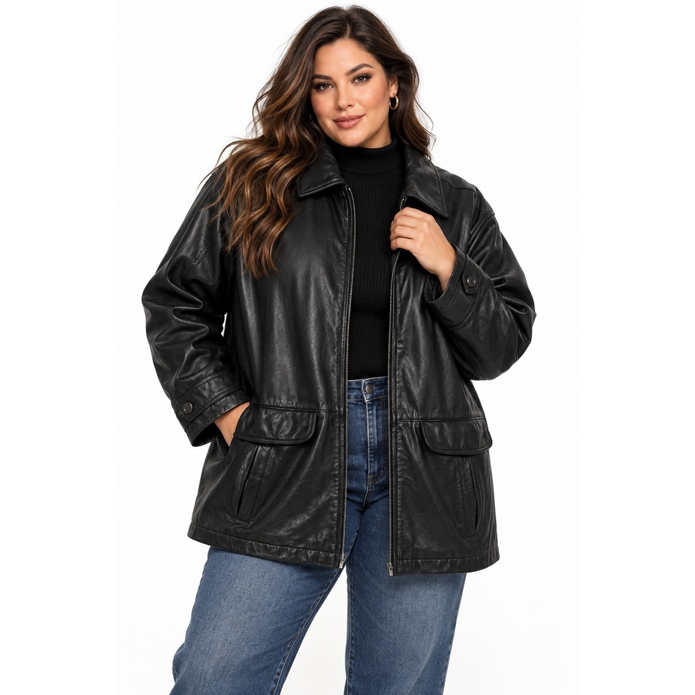 Eddie Bauer Black Genuine Leather Barn‎ Jacket R695 Womens XXL Zip Coat